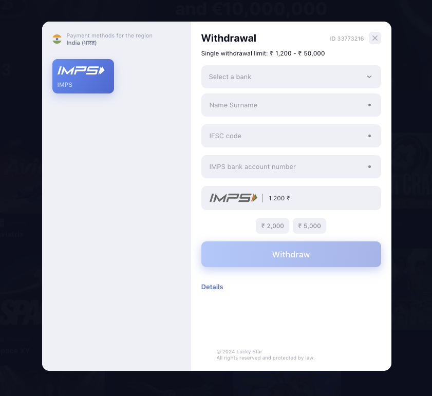 IMPS withdrawal methods at lucky-star